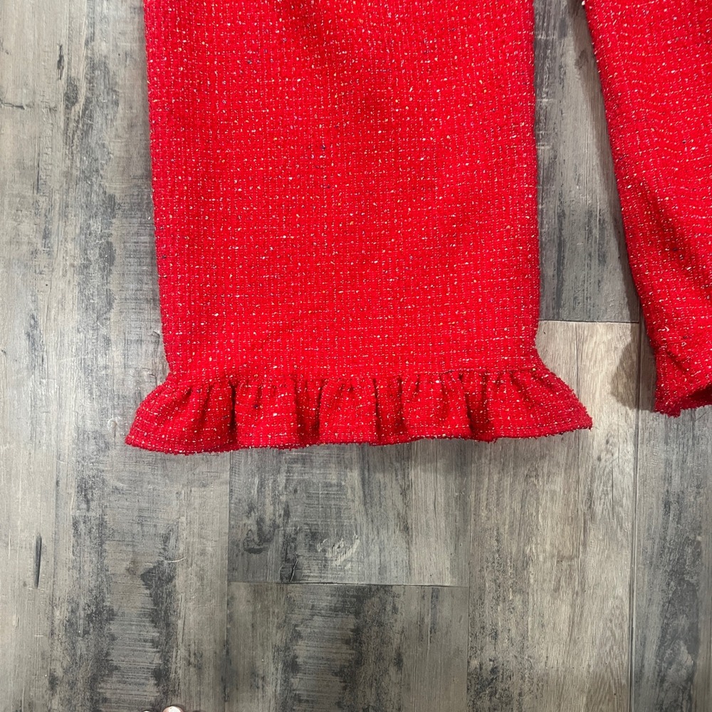 Maeve Anthropologie Red Boucle Tweed Ruffle Hem Wide Leg Pants Crystal Button - Picture 5 of 12